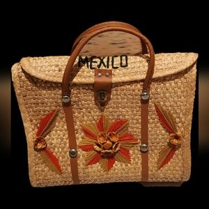 Vintage 1960' take me away Woven straw palm tan orange Starburst tote Mexico